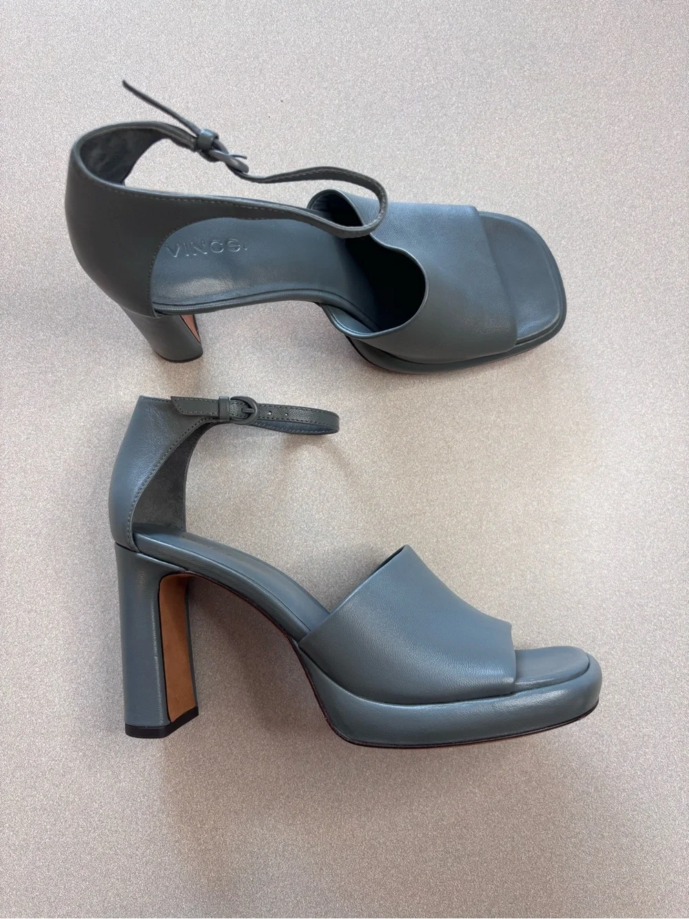 Vince Amara Gray Ankle-Strap Platform Block Heels Modern Minimalist